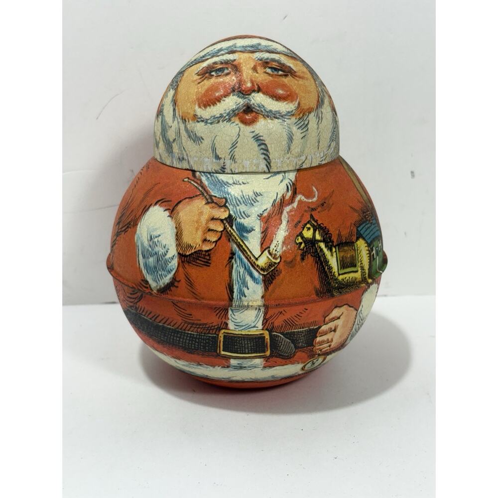 Christmas Santa Claus Candy/ Tobacco Roly‎ Poly Tin 1980 Bristol Ware USA Pipe